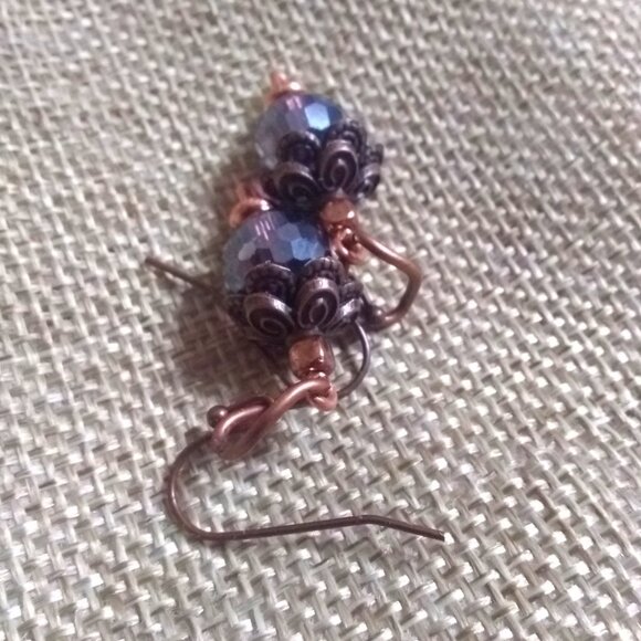 Short Shimmering Bling Boho Glam Drop Earrings - Copper w Purple Hues + Flashes - Picture 6 of 8